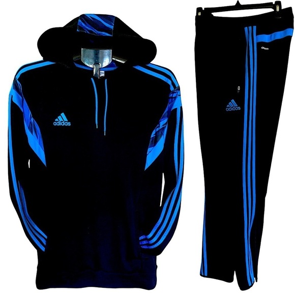 Vintage ADIDAS Hoodie Track Set (2pc) Black Royal Blue Three Stripe Size Large - Picture 2 of 12